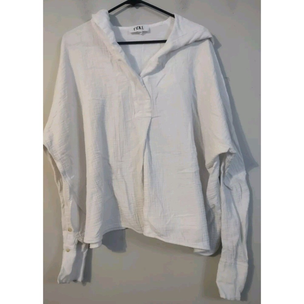 P.Cill Top Gauzy hooded Oversized shirt Size: Large Long Sleeve White Lightweigh